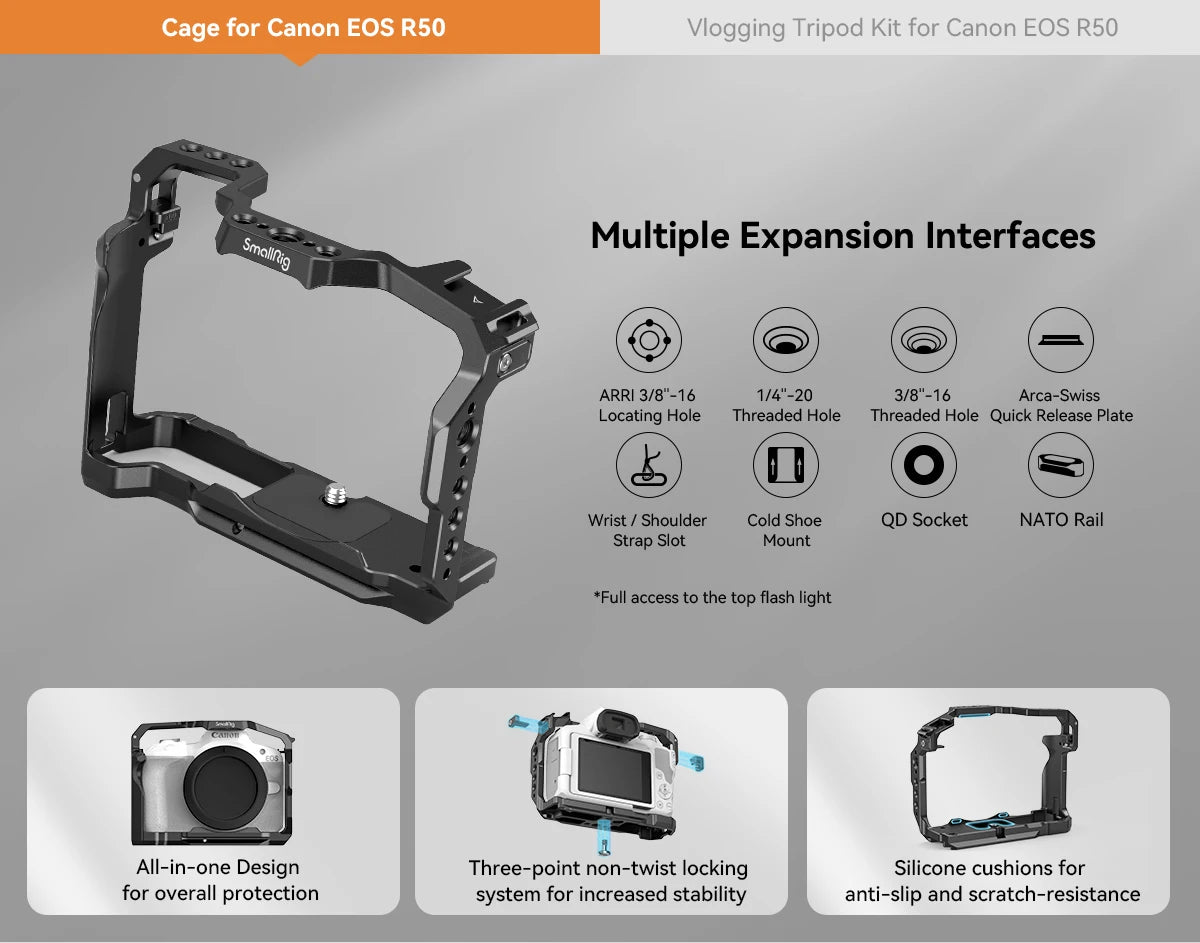 SmallRig Cage for Canon EOS R50 All-in-one Cage with 1/4"-20 Hole, ARRI 3/8"-16 Locating Hole, Cold Shoe Mount, NATO Rail