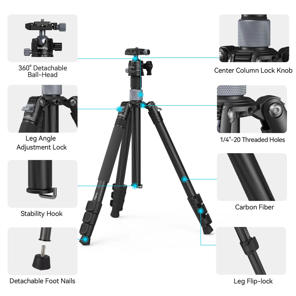 SmallRig Carbon Fiber Tripod with Center Column AP-20 Stable and Lightweight Carbon Fiber Legs Load 12kg Quickly Adjustable 4059