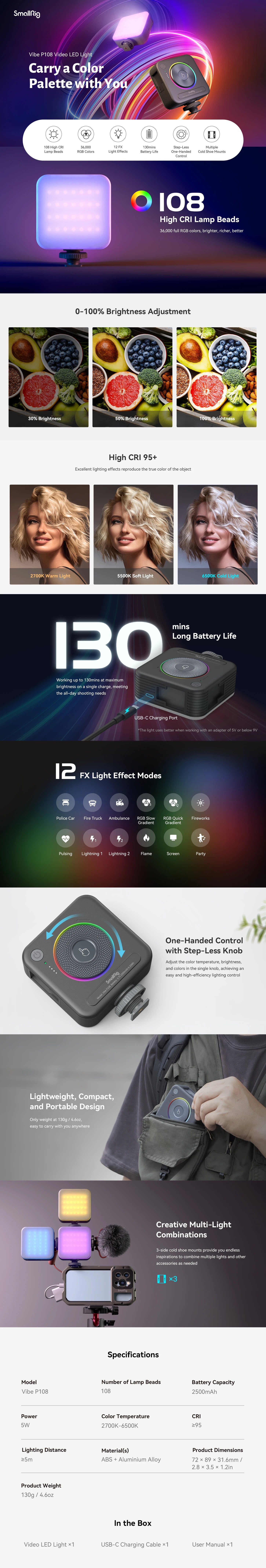 SmallRig Portable Vibe P108 RGB Video Light Smart Light 130mins long-lasting Pocket Size 108 LED Beads Floodlights 4055