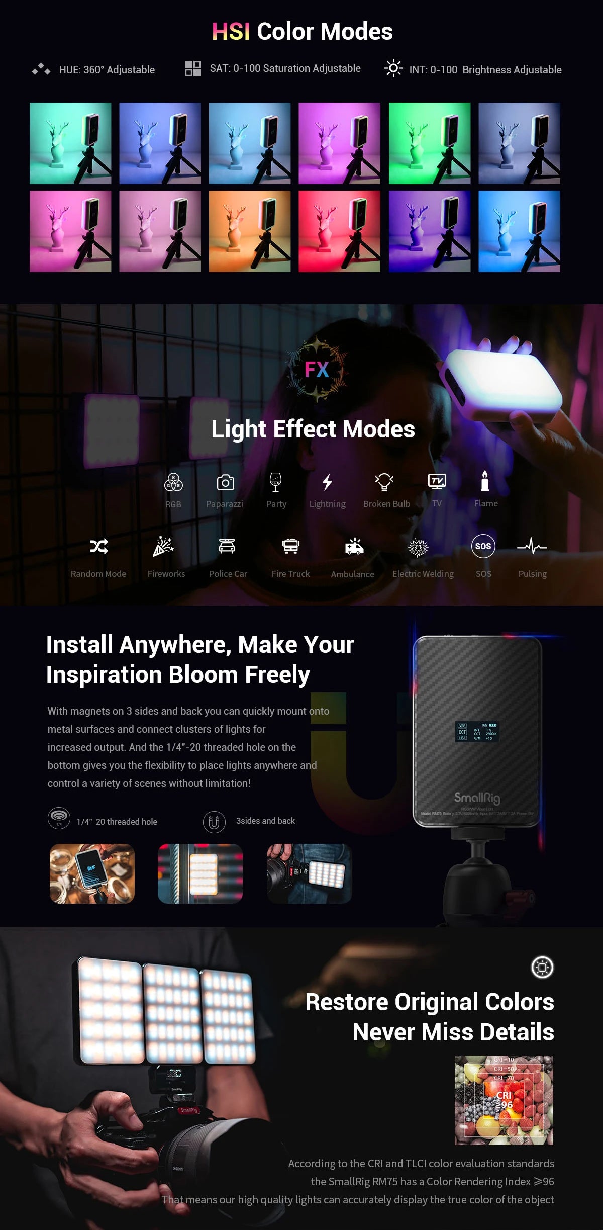 SmallRig RM75 RGB Magnetic Video Light RGBWW Full Color Portable App LED Light Panel 4000mAh Battery for Vlogging Photography