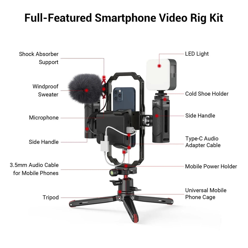 SmallRig Universal Phone Vlog Tripod Video Rig kit Case Cage with 2 Handle Microphone Light