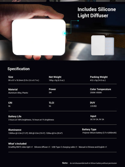 SmallRig RM75 RGB Magnetic Video Light RGBWW Full Color Portable App LED Light Panel 4000mAh Battery for Vlogging Photography