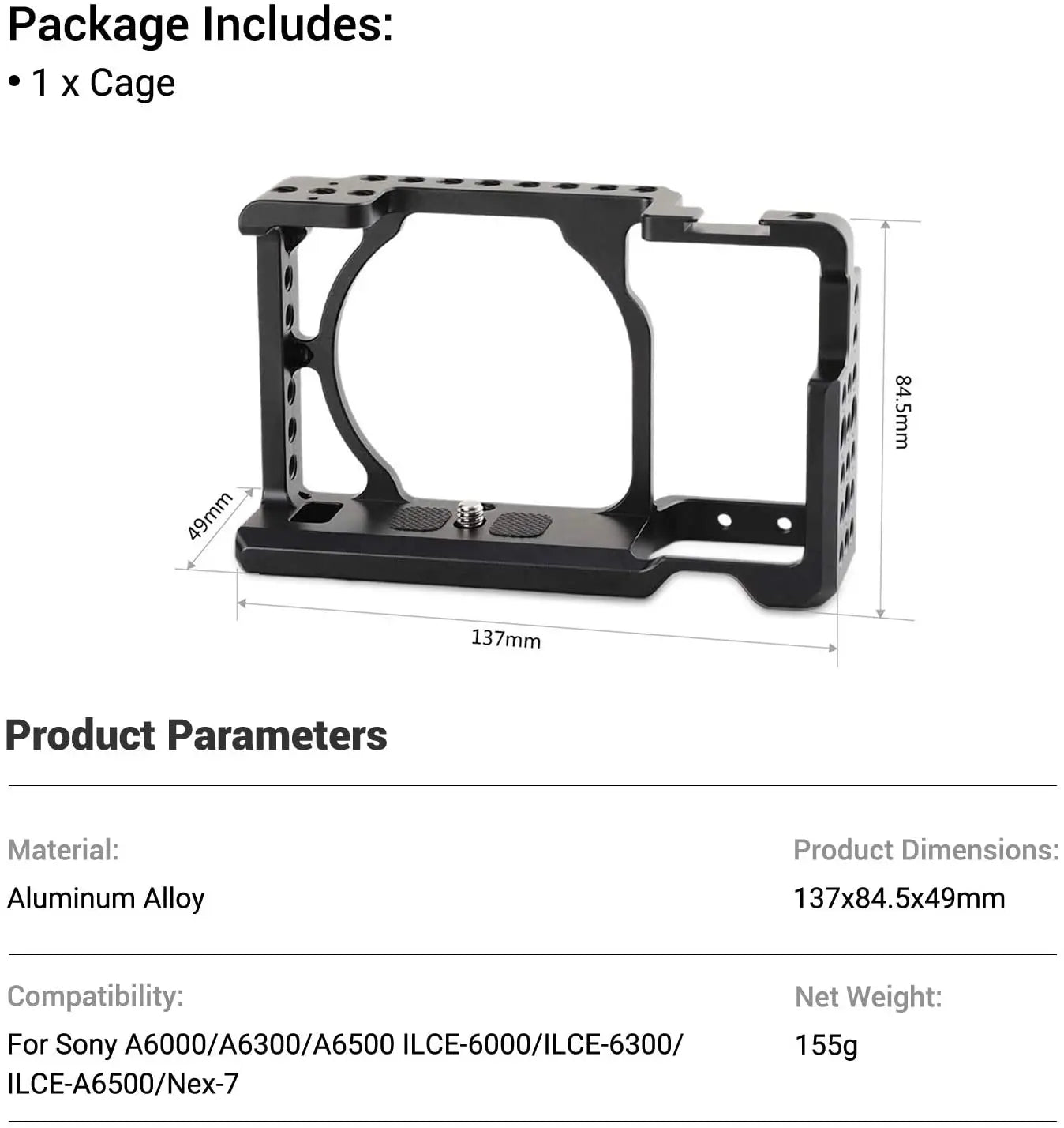 SmallRig Camera Cage Rig for Sony A6500 Cage for Sony A6300/A6000/A6500 Nex-7 Camera with Shoe Mount Thread Holes 1661